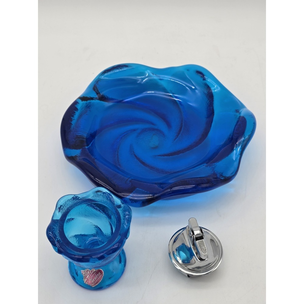 Vtg Fenton Blue Colonial Swirl Rose Glass Candy Dish Nut Bowl Ashtray Set 8"
